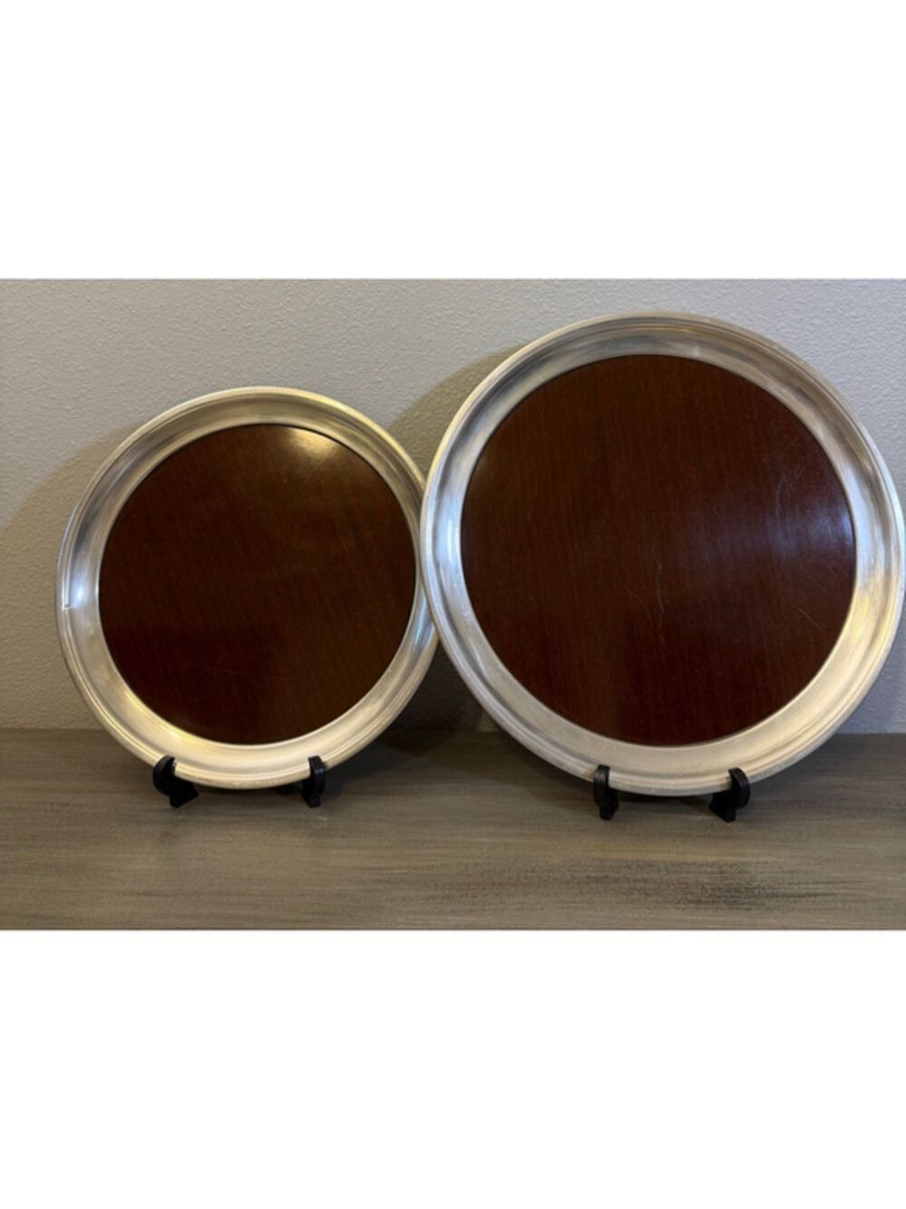 2 vintage MCM serving trays faux wood grain Formica laminate silverplate 12” 14”
